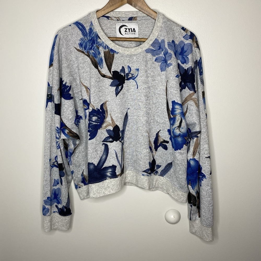 Zyia Active Sweatshirt Womens XXXL 3X Gray‎ Blue Floral Cropped Dropped Shoulder